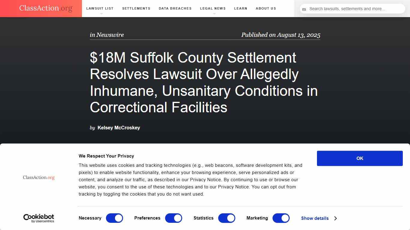 $18M Suffolk County Settlement Resolves Lawsuit Over Allegedly Inhumane, Unsanitary Conditions in Correctional Facilities