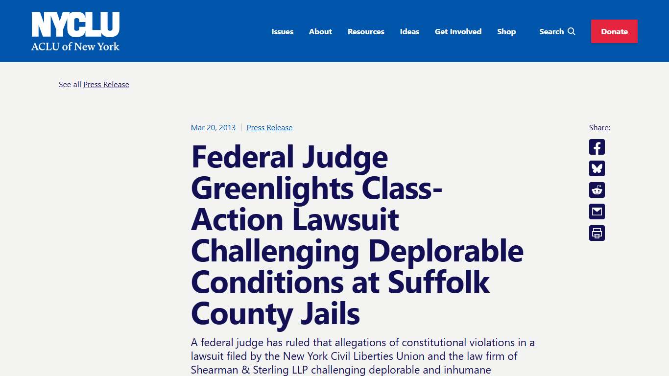Federal Judge Greenlights Class-Action Lawsuit Challenging Deplorable Conditions at Suffolk County Jails - NYCLU